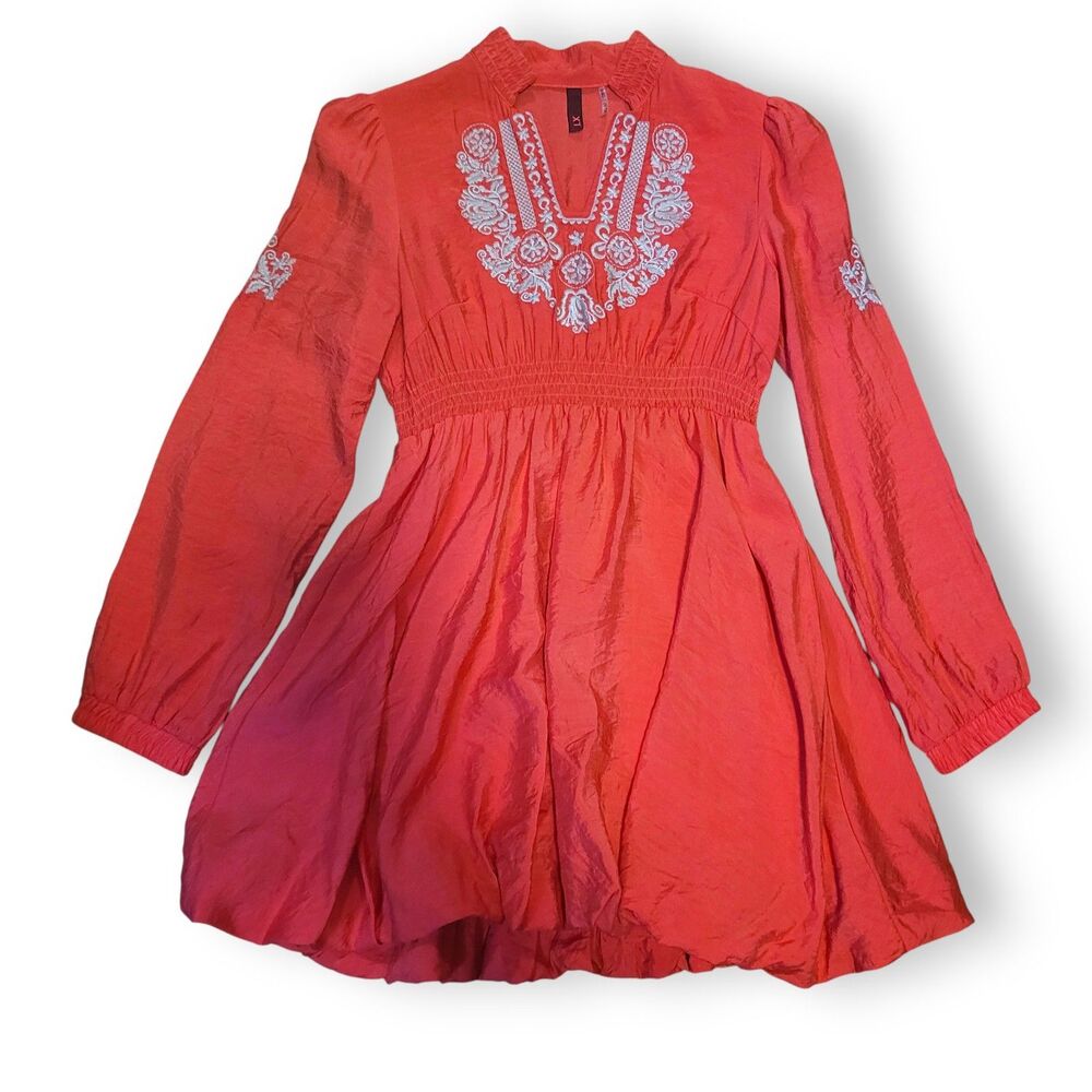 Y2K Red 100% Cotton Sateen Embroidered Mini Dress L Bubble Hem Boho Ibiza Summer